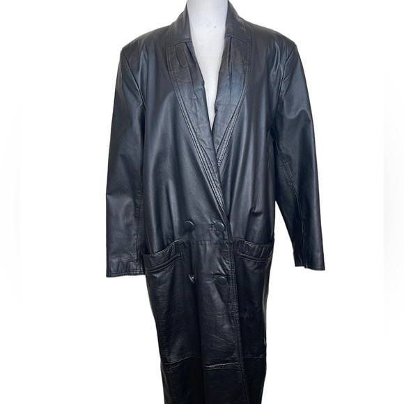 Vintage Pelle Leather Long Trench Coat Black Double Breasted - Picture 1 of 17